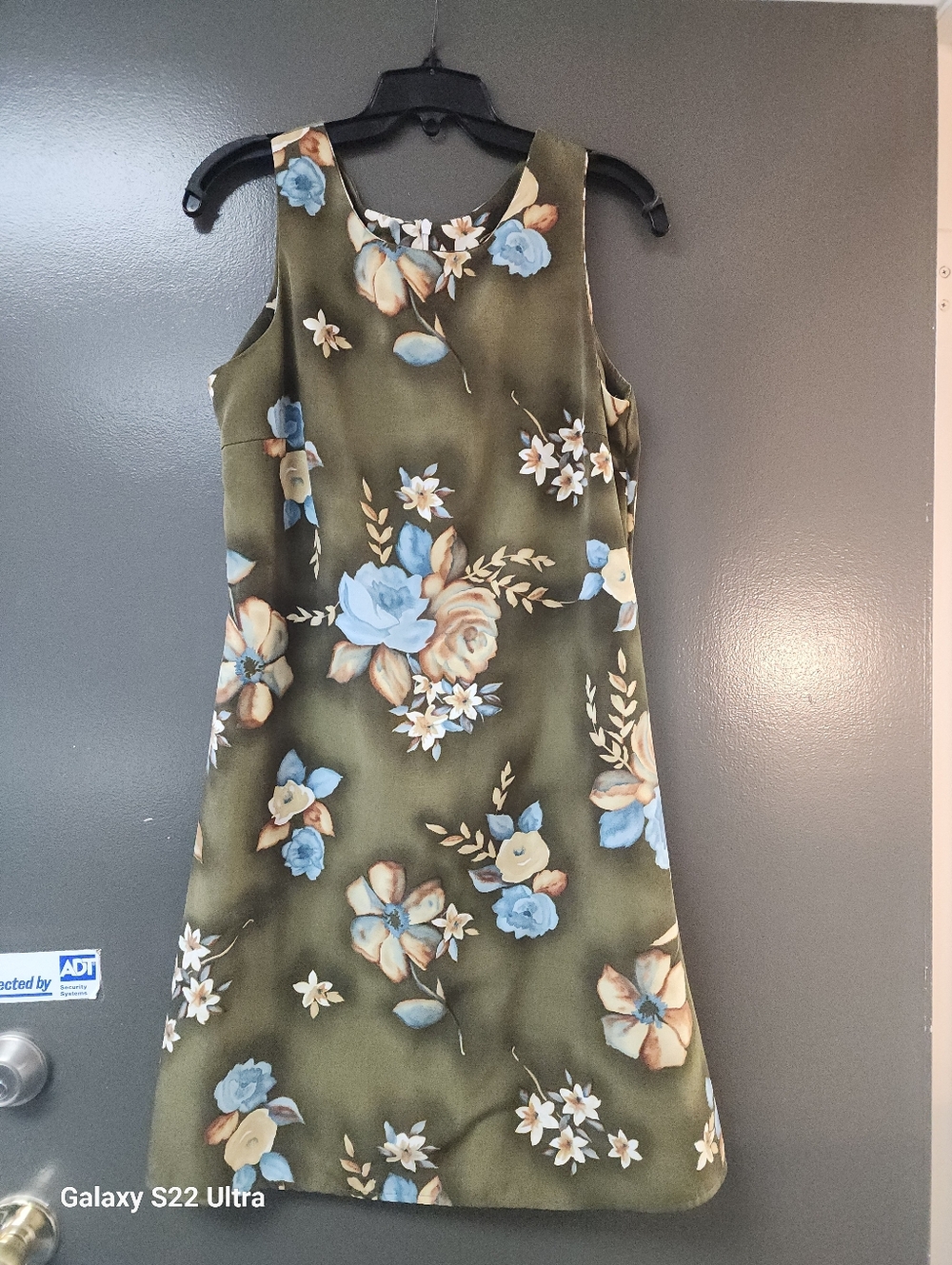 Olive Green Floral A-Line Dress with Blue Roses